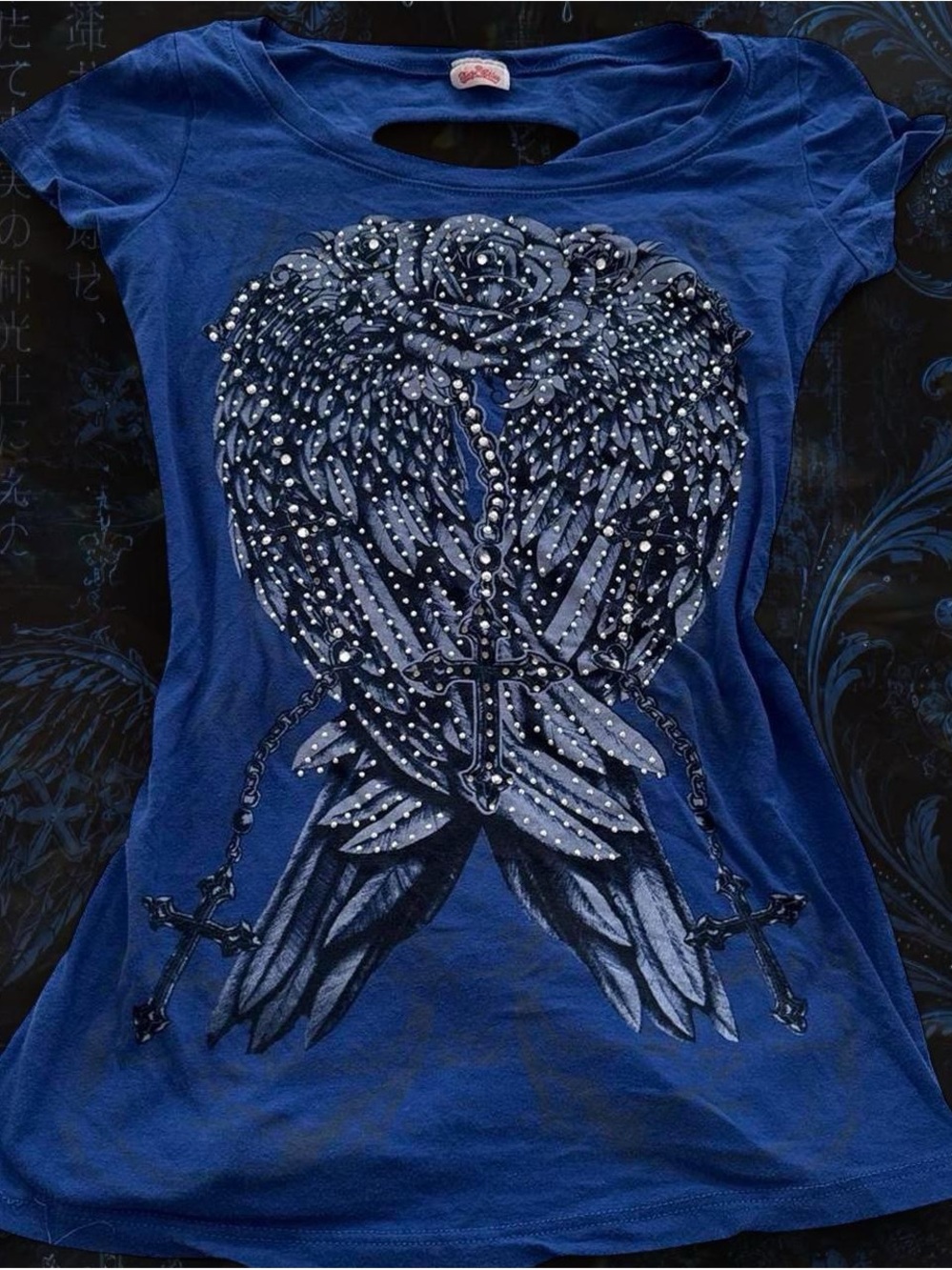 Y2K grunge goth blue short sleeve top with rose cross chain angel wing graphics
